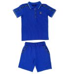 2 Piece set of blue short sleeve top with zip and collar with text designs and a matching short