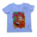 White short sleeve top with tree, coconut, color splash and text designs