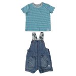 Shade of green short sleeve stripe top and a denim dungarees