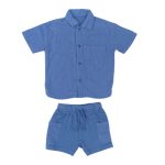 2 Piece set, shade of blue short sleeve shirt with buttons and pocket