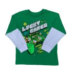Green and white long sleeve top with text, gaming and star designs
