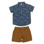 Gray short sleeve top with dinosaur designs and a brown short