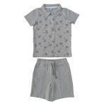 2 Piece set of carton color short sleeve top with zip collar and tree designs