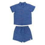 Navy blue stripe short sleeve shirt with buttons and collar and a matching short