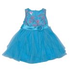 Sleeveless blue dress with flower designs and zip at the back