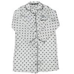 White and black dotted long sleeve night gown with collar