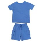 2 Piece set, shade of blue short sleeve top and a matching short rope and pocket