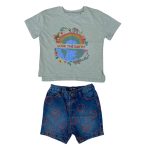 Shade of green short sleeve top and a blue short with a smiley face design