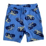 Blue elastic waist short with a rope, pocket with truck designs