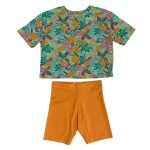 Multicolor short sleeve top with flower designs and a shade of yellow short
