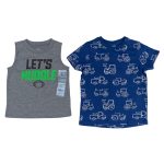 Blue short sleeve top with truck design and a gray vest with text design
