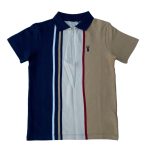 Its multicolor stripe short sleeve top with collar and a deer design