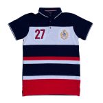 Multicolor stripe polo shirt with number 27 & logo design