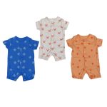 3 Pack of multicolor romper with sun, and crab designs