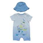 Blue safari romper and Keppi hat outfit