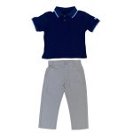 Navy stripe polo shirt and trouser outfit