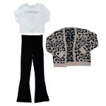 Animal print cardigan T-shirt and flare trousers outfit